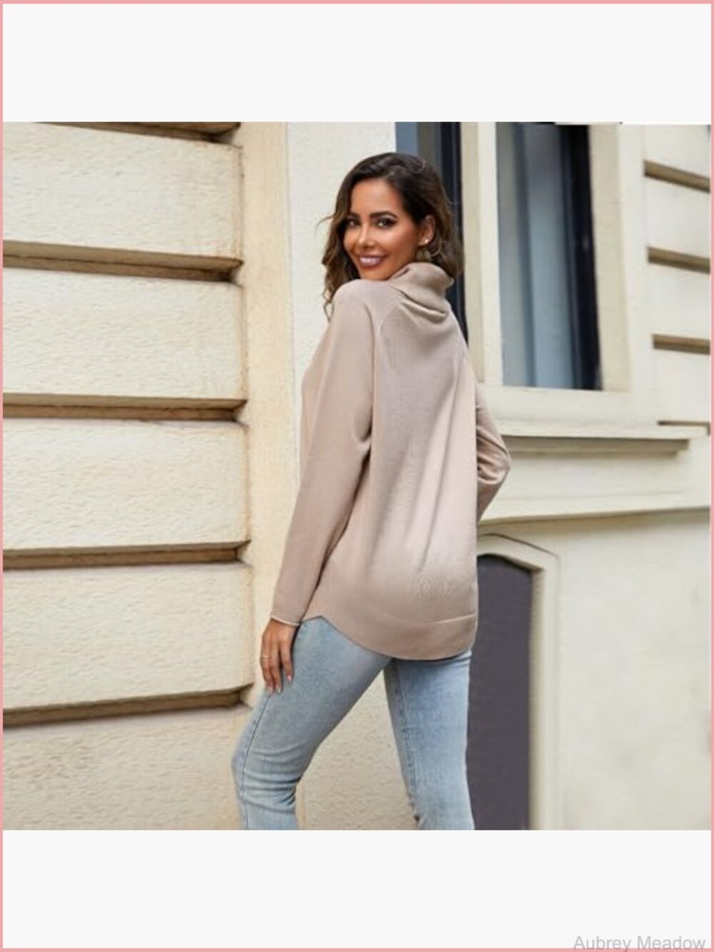 Oversized Turtleneck Pullover Sweater Soft Viscose Blend Long Sleeve Curved Hem - Picture 4 of 6